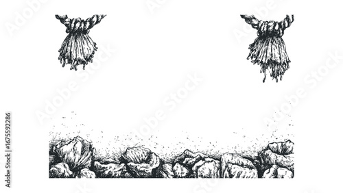 Vintage Rope Knot and Tassels with Rough Stone Border. Vector hand drawn illustration