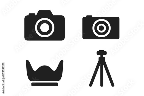 Photography icon collection. Solid glyph icon set of photo equipment. DSLR, mirrorless camera, lens hood, tripod vector silhouette. Professional photographer tools isolated.