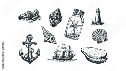 Nautical collection of hand drawn anchor, shells, sailing ship, lighthouse, and plant in jar. Vector hand drawn illustration