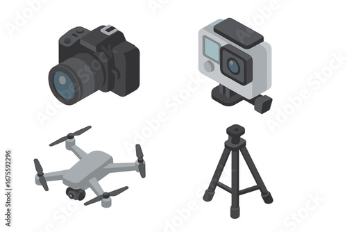 Photography gear isometric 3d vector icons set. DSLR photo camera, action cam, drone with camera, tripod. Vlogger, blogger, filmmaker, content creator equipment concept.