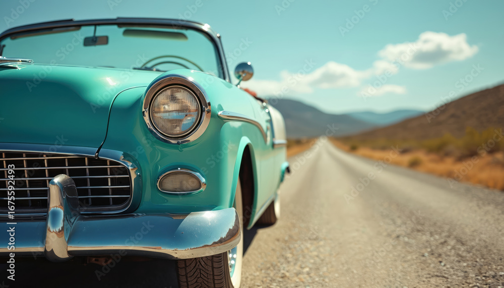 Naklejka premium Turquoise classic convertible car driving on empty desert highway. Vintage automobile with chrome details. Retro road trip adventure, scenic route through arid landscape under clear blue sky.