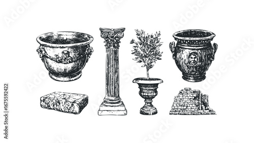 Ornate planters, classical column, and stone ruin elements on transparent background. Vector hand drawn illustration