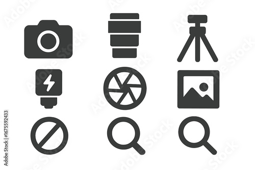 Photography glyph icon set. Solid vector pictograms. Camera, lens, tripod, flash, aperture, photo, search, zoom, ban symbols. Web, UI, UX graphic design elements.