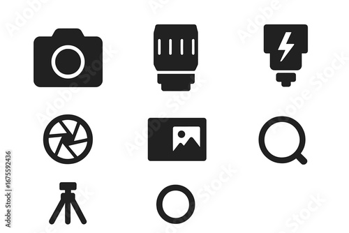 Photography glyph icons set. Photo camera equipment symbols. Vector collection of simple solid pictograms: dslr, lens, flash, tripod, aperture, gallery, search, zoom.
