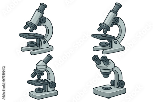 Set of microscope vector illustrations for science and education. Laboratory research equipment for biology or chemistry analysis. Cartoon style scientific discovery concept.