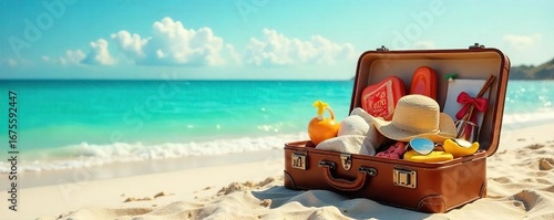 A vintage suitcase overflowing with summer essentials sits on a sandy beach, ready for an impromptu getaway Sun, sea, and sand await the next adventure , sea, journey