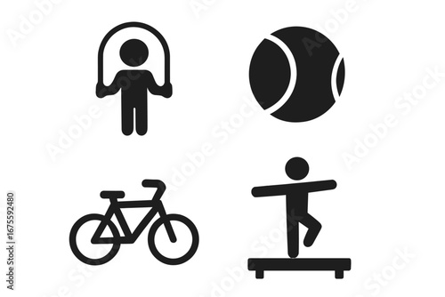 Physical activity solid icon set. Motor skills development concept. Sports and fitness pictogram collection. Jump rope, tennis ball, bicycle, balance beam vector illustration.