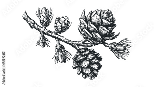Detailed engraving of a pine branch with cones and needles on white. Vector hand drawn illustration