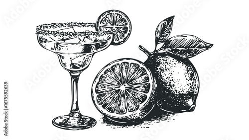 Detailed sketch of a margarita cocktail with lime slices and whole fruit. Vector hand drawn illustration