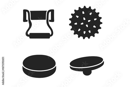 Physical therapy tools icon set. Physiotherapy and rehabilitation equipment glyph icons. Stretch band, spiky massage ball, balance pad, wobble board vector symbols.