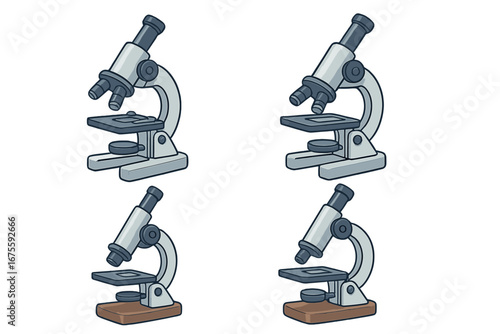 Microscope vector icon set for science and education. Cartoon illustration of laboratory equipment for biology, chemistry, research, medical analysis, and scientific discovery.