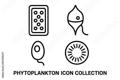 Phytoplankton icon set. Vector collection of microscopic marine algae. Outline illustration of ocean plankton, diatom, and dinoflagellate cells for science and biology projects.