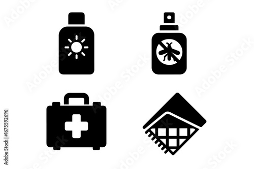 Picnic essentials solid icon set. Summer travel safety and comfort items. Sunscreen, insect repellent spray, first aid kit, and blanket. Outdoor recreation vector symbols.