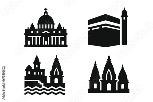 World religions pilgrimage landmarks icon set. St. Peter's Basilica, Mecca Kaaba, Varanasi Ghats. Christian, Islamic, Hindu holy sites. Solid glyph symbol collection vector.
