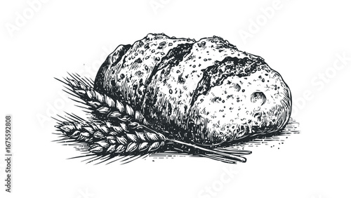 Vintage Etching Style Loaf of Bread with Wheat Stalks. Vector hand drawn illustration
