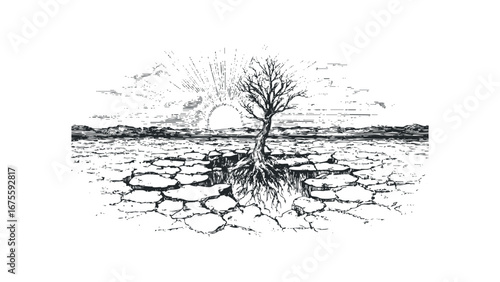 Lone bare tree with visible roots in parched cracked earth at sunrise. Vector hand drawn illustration