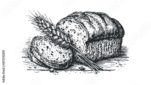 Hand drawn loaf of bread with wheat stalk on transparent background. Vector hand drawn illustration
