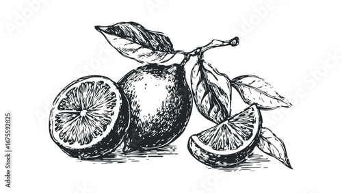 Hand Drawn Citrus Fruit with Leaves. Vector hand drawn illustration