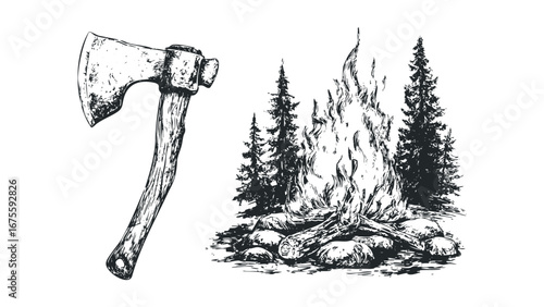 Sketch of Axe and Campfire Scene with Pine Trees. Vector hand drawn illustration