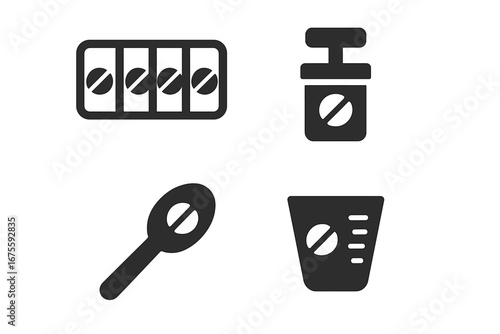 Pill accessory glyph icons set. Solid pictograms of medication tools. Pill organizer, tablet crusher, dosing spoon and measuring cup. Vector symbols for healthcare, pharmacy.