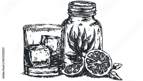 Line Drawing Of Agave Spirit Bottle With Glass And Lime Slices. Vector hand drawn illustration