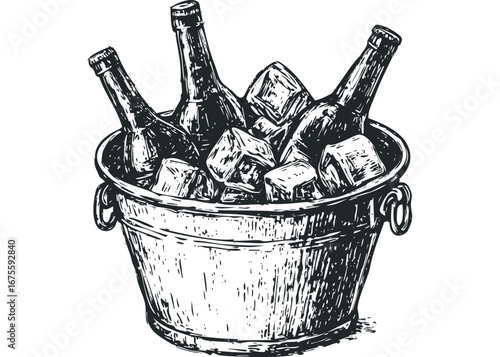 Sketchy drawing of chilled beverage bottles in a metal ice bucket with cubes. Vector hand drawn illustration