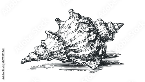 Detailed ink drawing of a conch shell on a white background. Vector hand drawn illustration