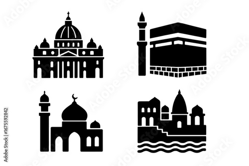 World religions pilgrimage landmarks icon set. Holy places for spiritual journey. St. Peter's Basilica, Mecca Kaaba, Varanasi Ghats, and mosque. Christian, Muslim, Hindu faith.