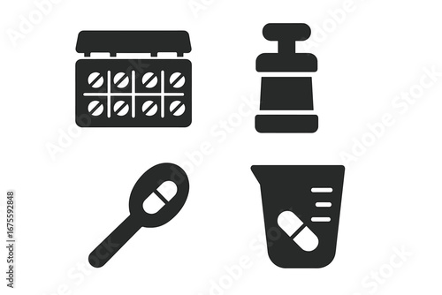 Pill accessory solid glyph icons. Medicine vector set with pill organizer box, tablet crusher, dosing spoon and measuring cup. Pharmacy, healthcare and treatment concept.