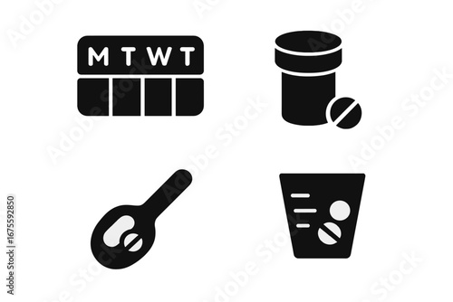 Pill accessory icons glyph set. Medicine management, weekly pill organizer, bottle, cutter, and dosing cup. Healthcare, pharmacy, prescription, dosage schedule concept.