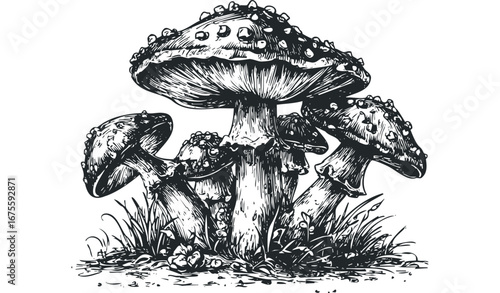 Amanita muscaria mushrooms cluster in grassy ground. Vector hand drawn illustration