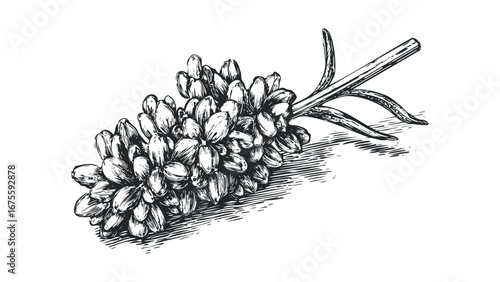 Detailed ink sketch of a lavender sprig with small buds. Vector hand drawn illustration