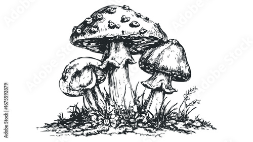 Ink sketch of spotted mushrooms growing in grassy terrain. Vector hand drawn illustration