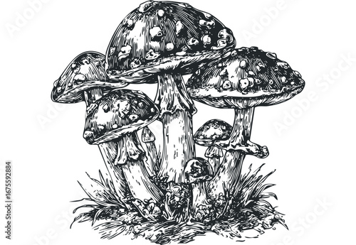 Detailed ink sketch of cluster of fly agaric mushrooms with grass on white background. Vector hand drawn illustration