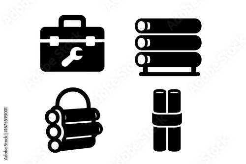 Pipework icon set. Plumbing service solid glyphs. Vector collection of toolbox, pipe rack, pipe caddy, carry strap for industrial construction, repair and maintenance work.