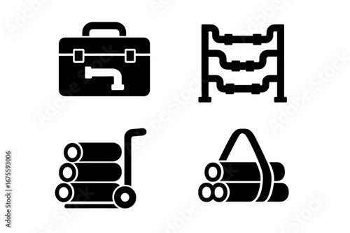 Pipework solid glyph icon set. Plumber toolbox, pipe rack, and transportation caddy. Plumbing industry equipment for construction, repair, and installation. Vector symbols.