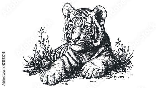Detailed sketch of a tiger cub resting peacefully amidst sparse grass. Vector hand drawn illustration