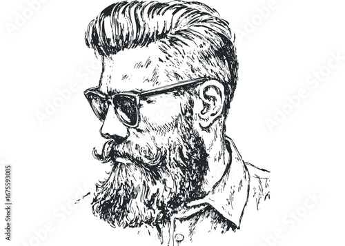Hand drawn sketch of a bearded man wearing eyeglasses and a collared shirt. Vector hand drawn illustration