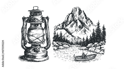 Vintage kerosene lantern with boat and mountain landscape. Vector hand drawn illustration