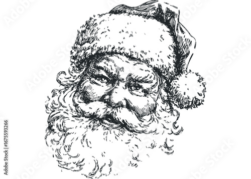 Black and White Sketch of Santa Claus Face on Transparent. Vector hand drawn illustration