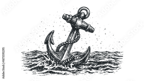 Anchor in Wavy Water Nautical Vessel Gear Sketch. Vector hand drawn illustration