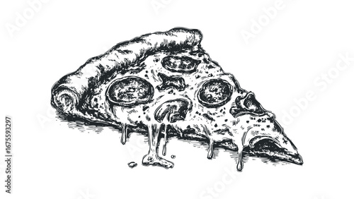Detailed Sketch of a Greasy Pepperoni Pizza Slice with Dripping Cheese. Vector hand drawn illustration