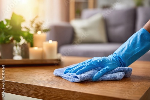 Person Cleaning Wooden Coffee Table With Blue Gloves