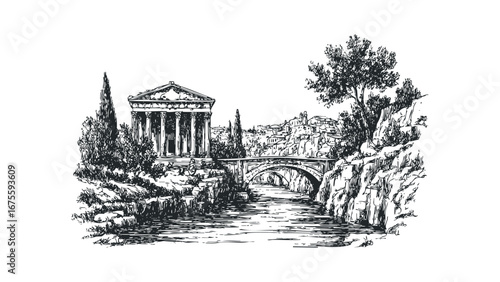 Hand drawn sketch of ancient Greek temple with bridge and hillside village. Vector hand drawn illustration