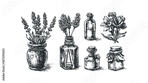 Lavender botanical arrangement with glass apothecary bottles. Vector hand drawn illustration