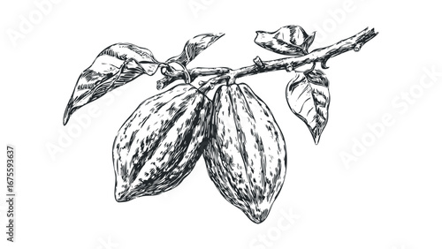Hand-drawn Cocoa Pods with Leaves on Branch. Vector hand drawn illustration