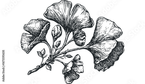 Vintage botanical sketch of ginkgo biloba leaves and buds on a stem. Vector hand drawn illustration