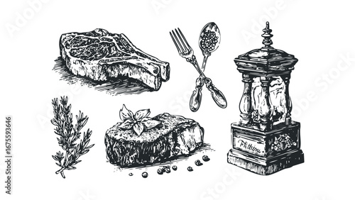 Hand-drawn raw beef steaks and culinary herbs with silverware and spice grinder. Vector hand drawn illustration