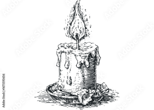 Detailed sketch of melting candle with a flickering flame on a white background. Vector hand drawn illustration
