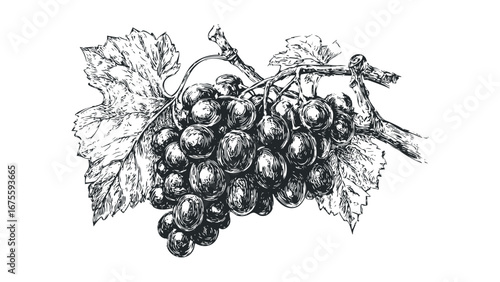 Vine with dark grapes and leaves, hand-drawn sketch on transparent background. Vector hand drawn illustration